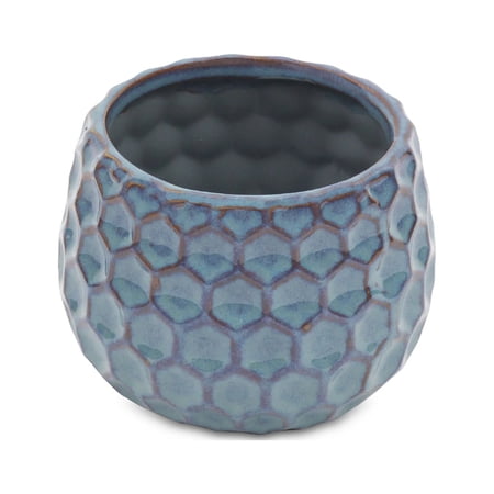 Contemporary Home Living 4.25" Blue Rimmed Round Hexagonal Glazed Planter Pot