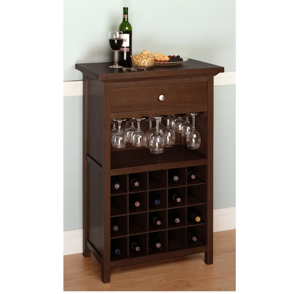 Contemporary Home Living Wine Storage Cabinet with Drawer and Glass Rack - 40.25" - Walnut Finish