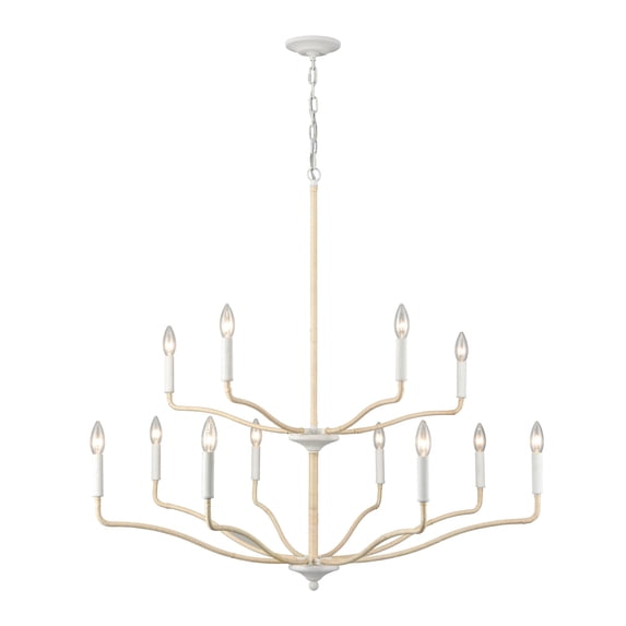 Contemporary Home Living 40" Coral White and Brown Rattan Wrapped 12-Light Chandelier
