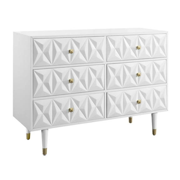 Contemporary Home Living 48" White Geometric Patterned Six Drawer Dresser with Gold Handle