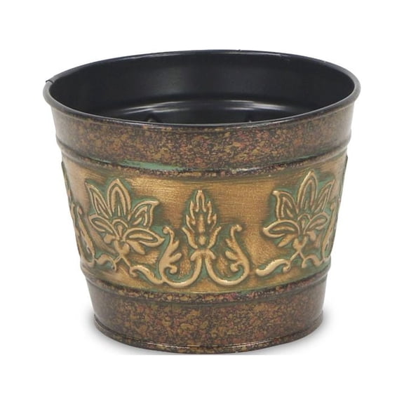 Contemporary Home Living 5" Bronze and Green Center Floral Embossed Circular Planter