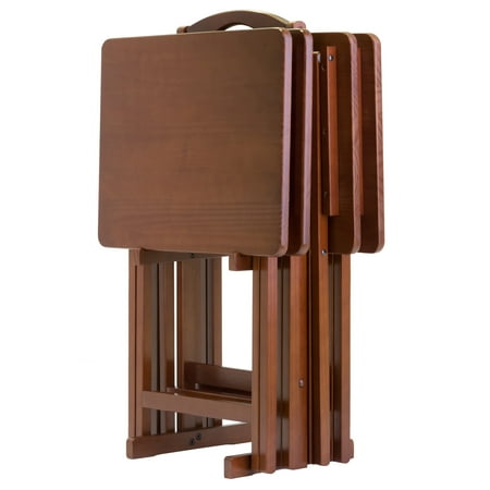 Contemporary Home Living 5-Piece Alex Solid Wood Walnut Finished Foldable Snack Table Set 25.75"