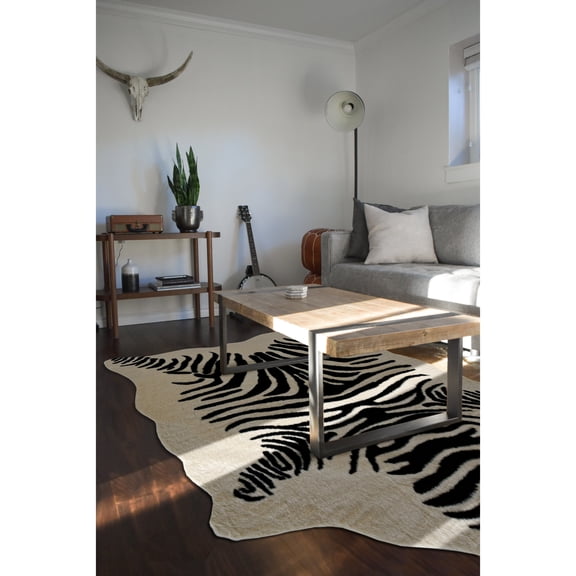 Contemporary Home Living 5' x 6.5' Faux Cowhide Zebra Printed Area Throw Rug - Cream and Black