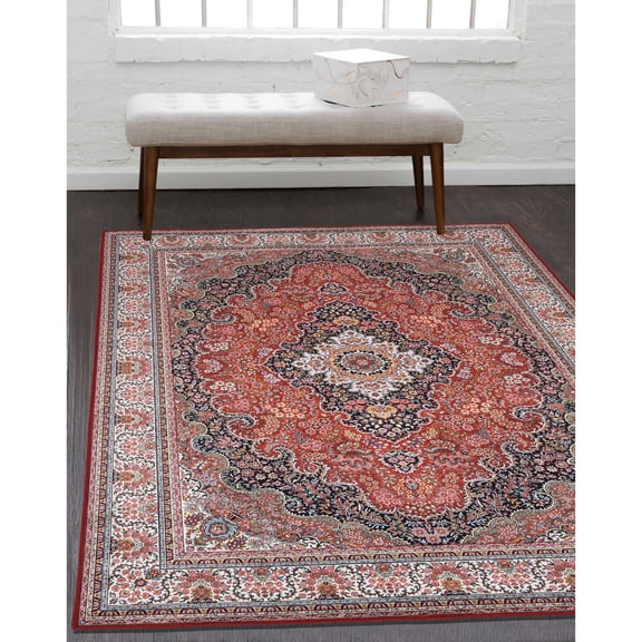 Contemporary Home Living 5' x 7' Traditional Medallion Bordered Rectangular Area Throw Rug - Red and
