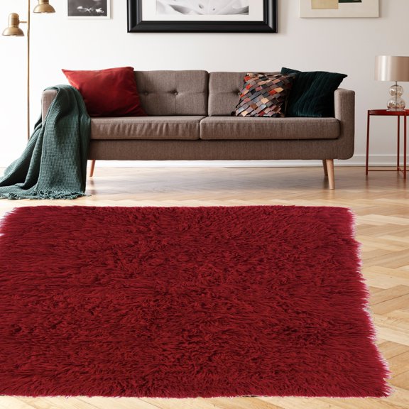 Contemporary Home Living 5' x 8' Hand-Woven Shag Wool Rectangular Area Throw Rug - Red