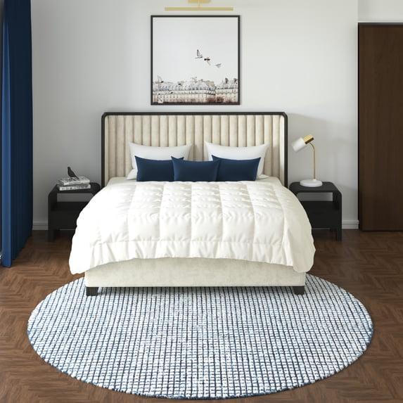 Laddha Home Designs 6' Hand-Tufted Geometric Checkered Round Area Throw Rug - Navy Blue and Cream