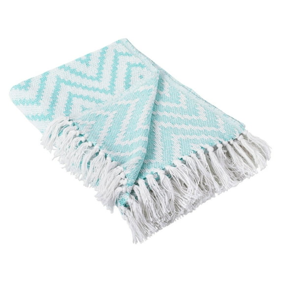 60" Aqua Blue and White Rectangular Chevron Patterned Cotton Throw