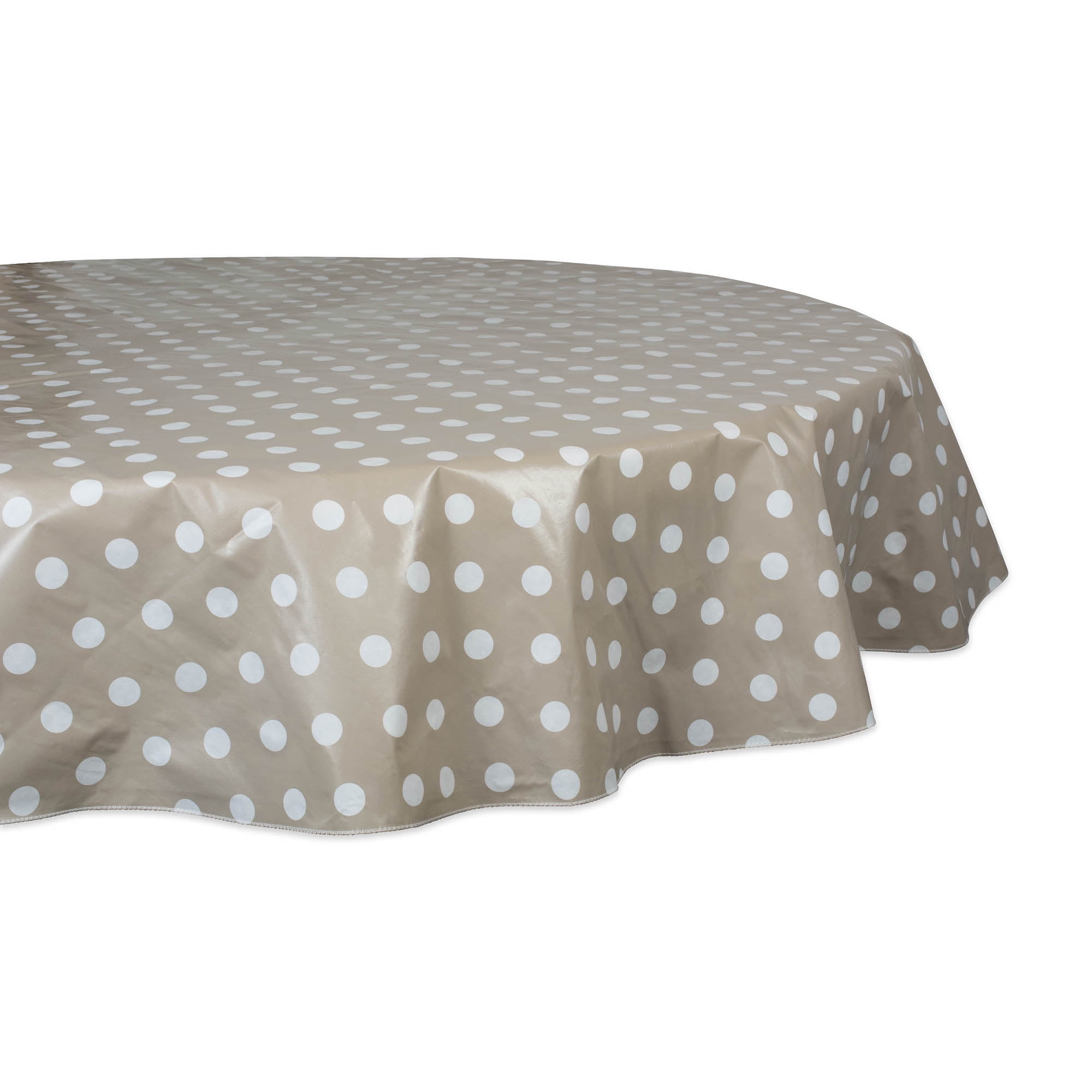70" Beige and White Polka Dot Vinyl Round Tablecloth