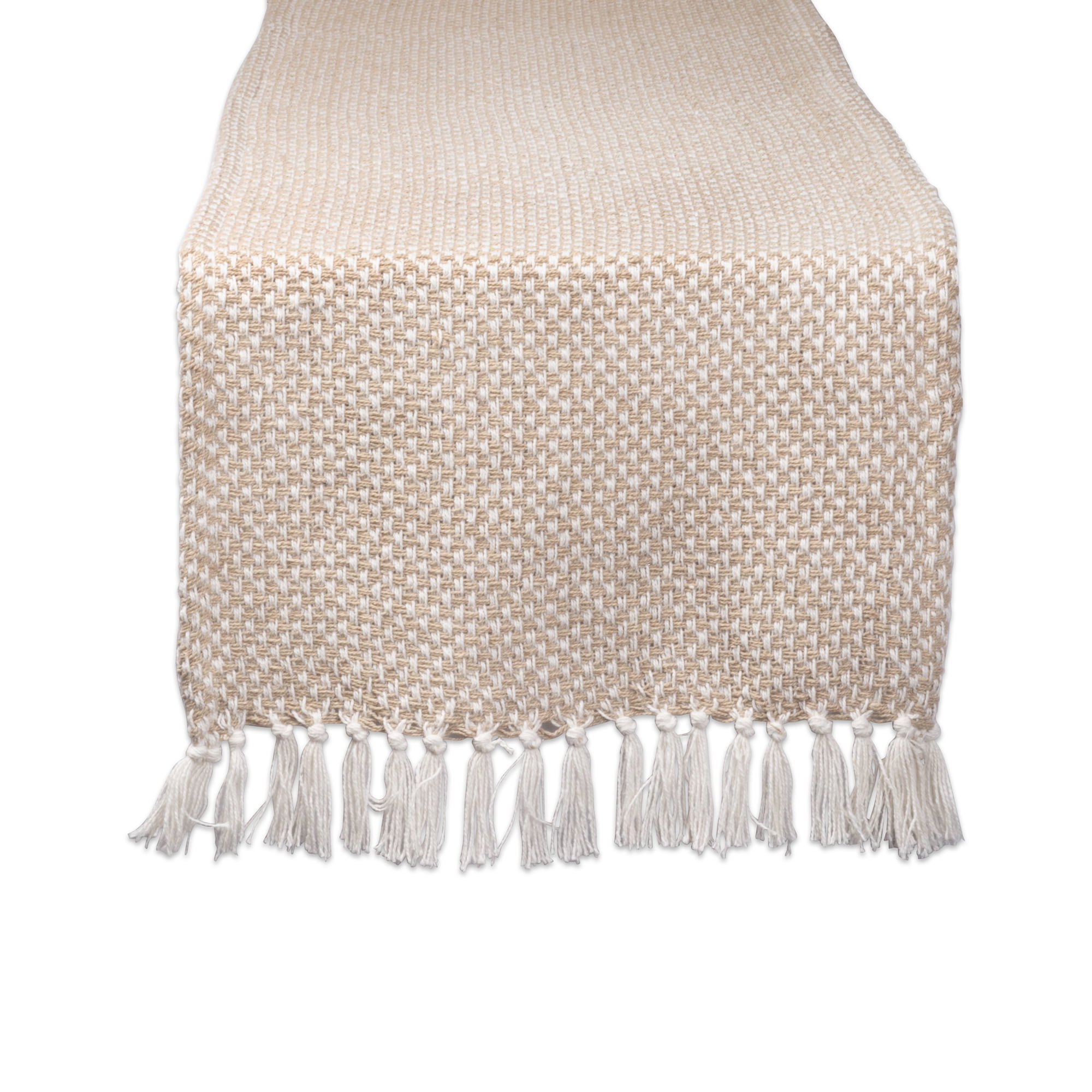 Beige and White Cotton Checkered Weave Table Runner with Tassels