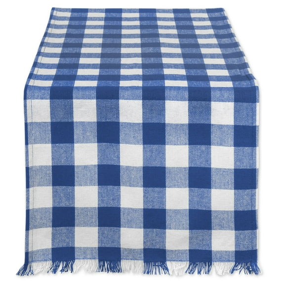 Contemporary Home Living 72" Navy Blue and White Checkered Rectangular Table Runner with Fringes