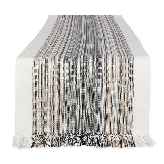 Contemporary Home Living Striped Fringed Woven Cotton Table Runner - 72" - White and Black