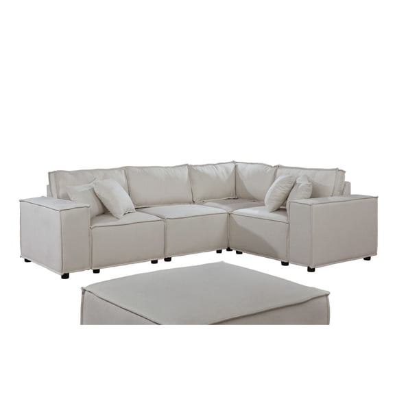 Contemporary Home Living 8.25' Cream Beige Linen Modular Sectional Sofa with Ottoman