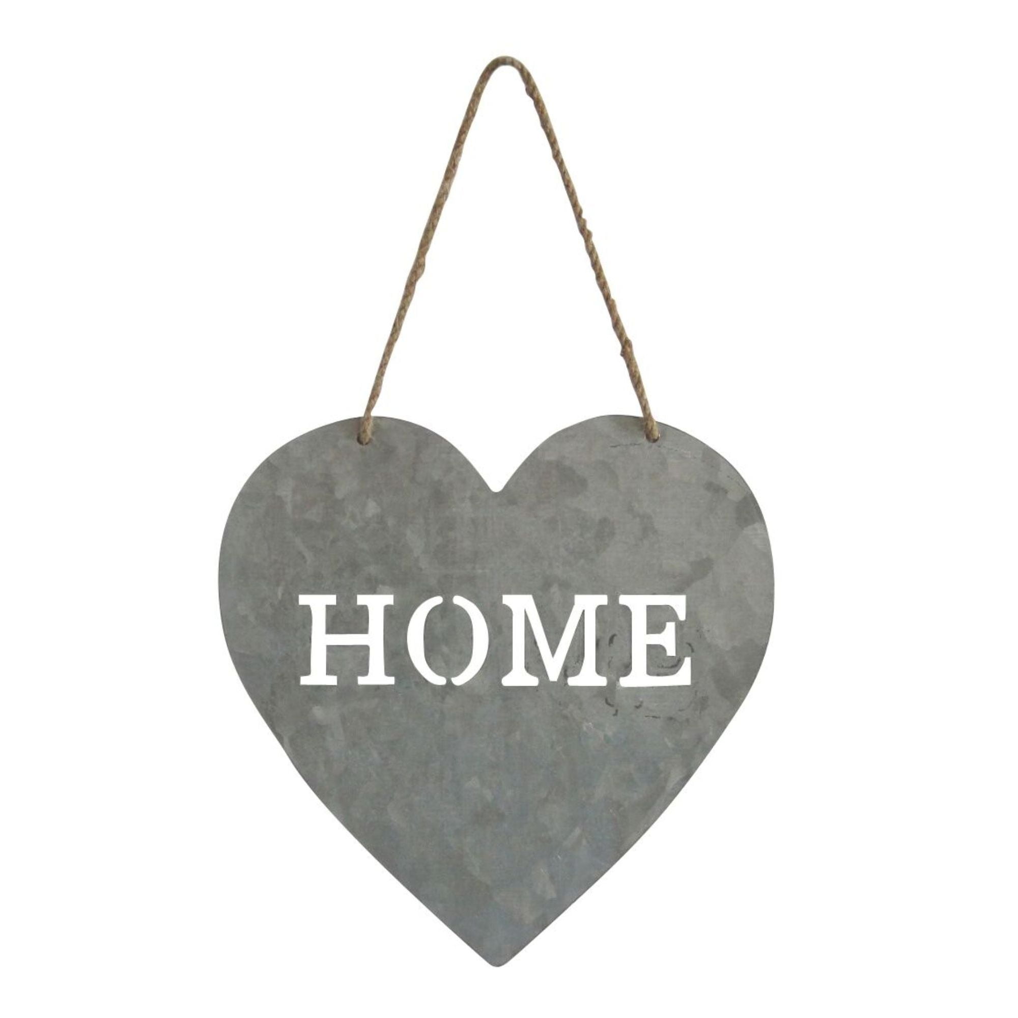 Gray Metal Heart Shaped Hanging Home Sign with Rope