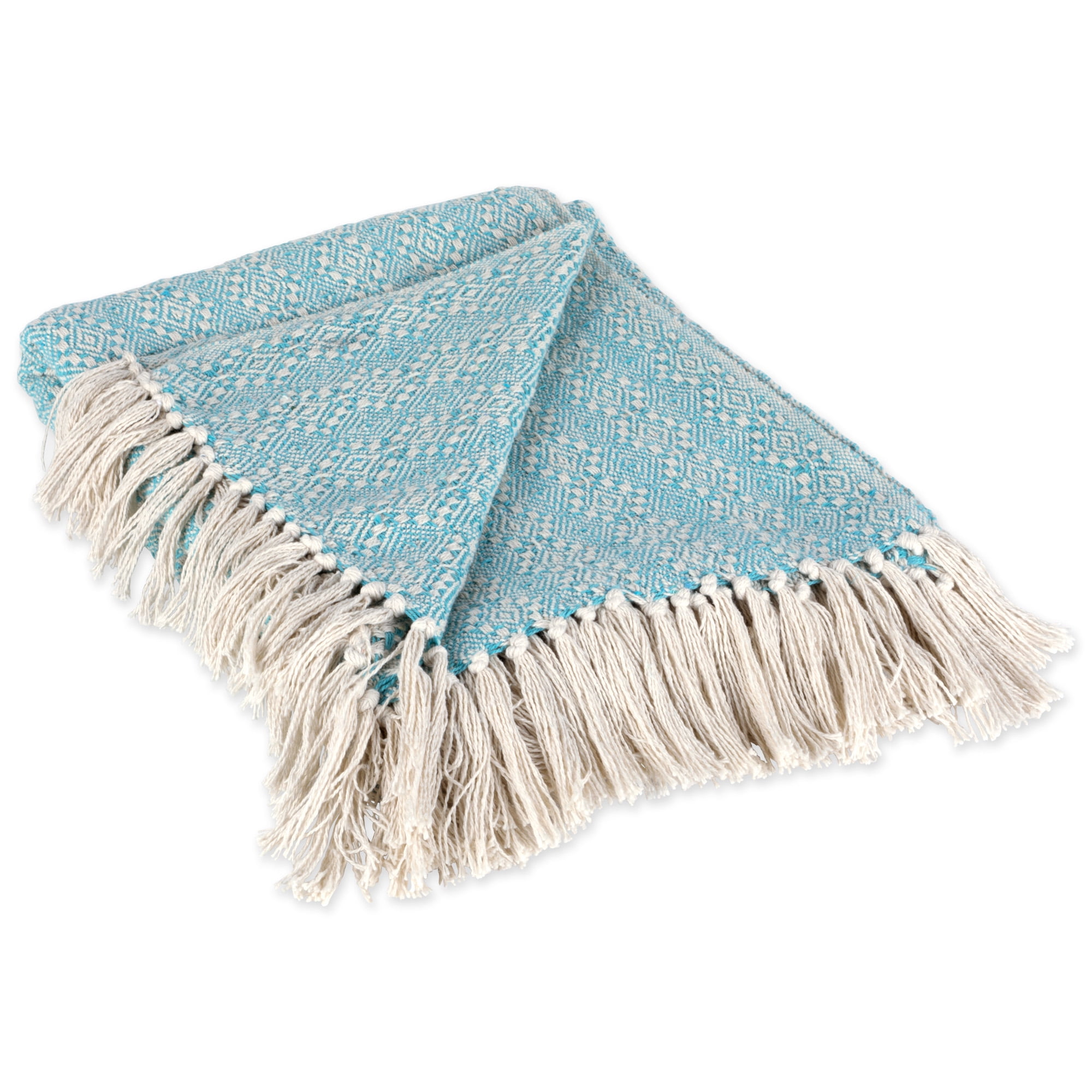 Contemporary Home Living Aqua Blue and White Diamond Knitted Fringed Throw Blanket 50" x 60"