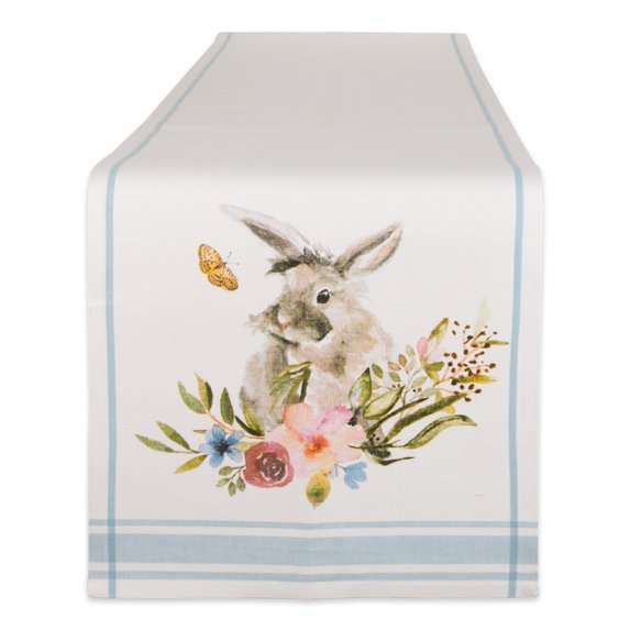 Contemporary Home Living Garden Bunny Floral Cotton Easter Table Runner - 108" - White and Blue