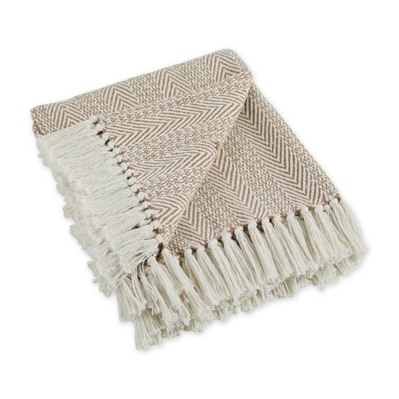 Contemporary Home Living Beige and White Herringbone Striped Rectangular Cotton Decorative Throw 50"