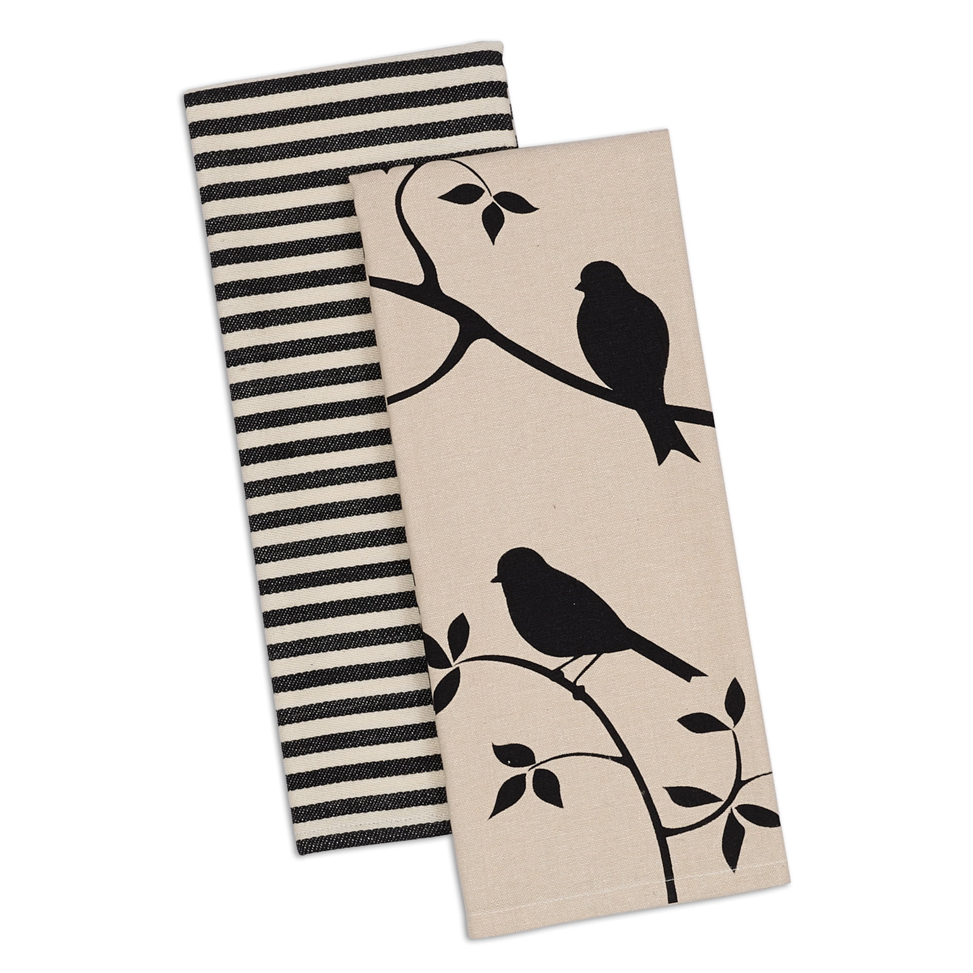 Contemporary Home Living Birds and Stripes Kitchen Dishtowels - 28" - Tan and Black - Set of 2