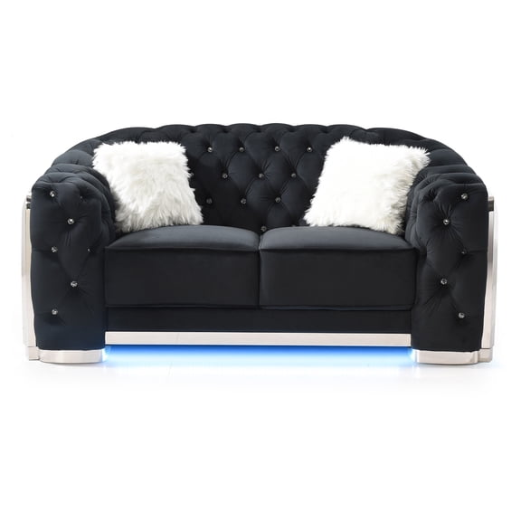 Contemporary Home Living Button Tufted Flared Arm Velvet Straight Sofa with LED Lights - 71" - Black