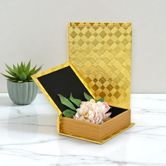 Contemporary Home Living Diamond Checkered Nesting Book Boxes - 11" - Gold - Set of 2