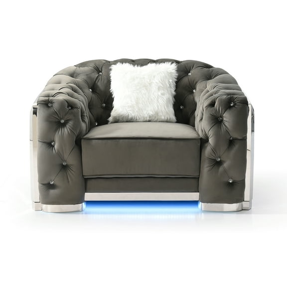 Contemporary Home Living Diamond Quilted Tufted Jeweled Accent Chair with LED Light - 52" - Gray