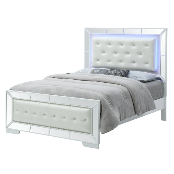 Contemporary Home Living Diamond Tufted King Panel Bed with LED Lights - 92" - White