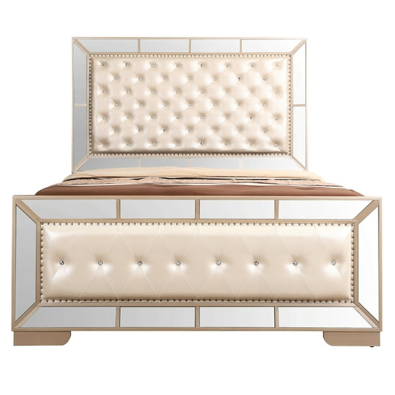 Contemporary Home Living Diamond Tufted Upholstered Mirrored Queen Panel Bed - 92" - Beige