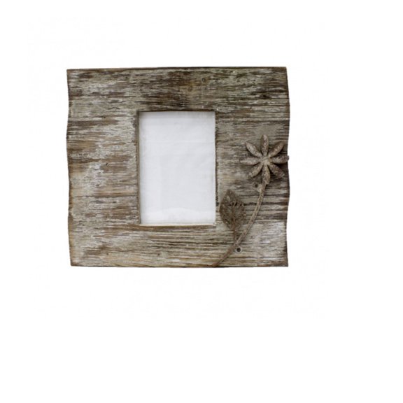 Distressed Wooden Picture Frame with Metal Flower Design - 11.25"