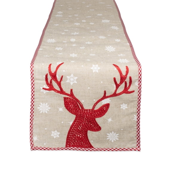Contemporary Home Living Embroidered Reindeer Christmas Table Runner - 72" - Tan and Red
