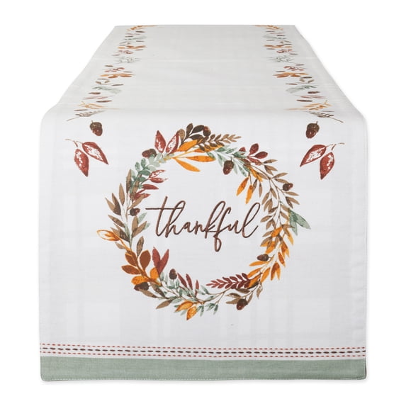 Fall Harvest Embroidered Thankful Table Runner - 72" - White and Brown