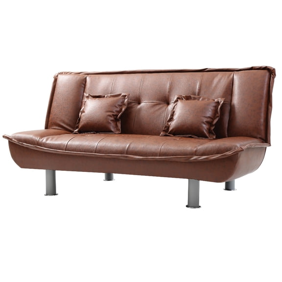 Contemporary Home Living Faux Leather Tufted Straight Armless Sofa with Pillows - 74" - Brown