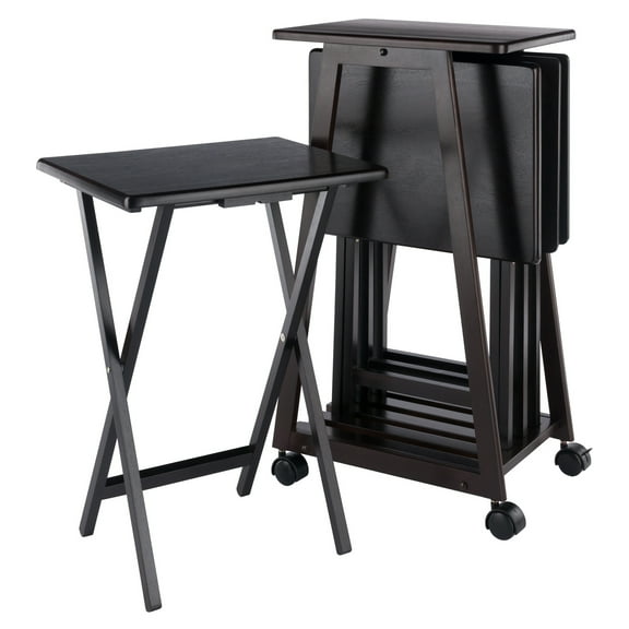 Contemporary Home Living Folding Snack Table Set with Rolling Stand - 34.25" - Brown - 5pc