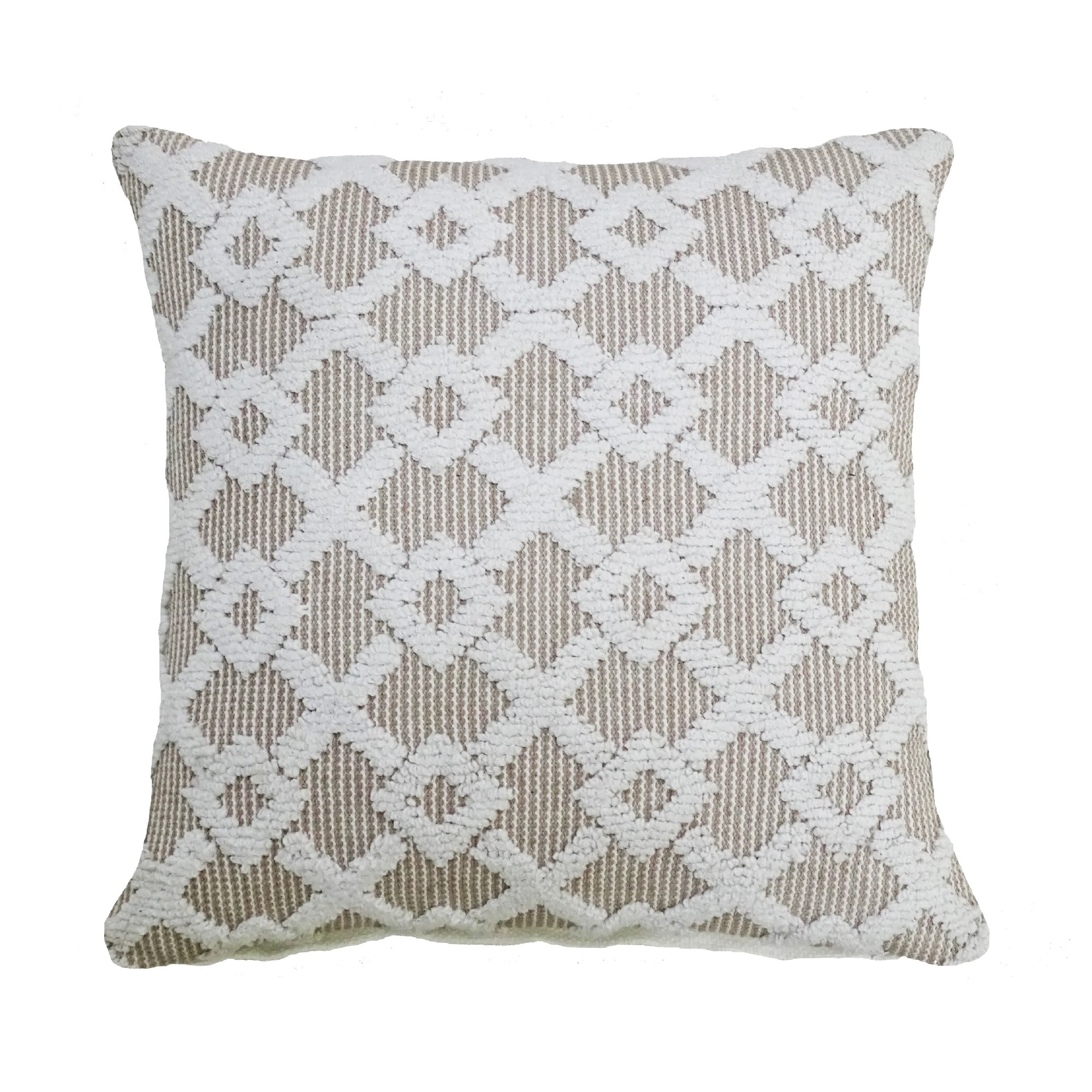 20" White and Beige Geometric Embroidered Cotton Throw Pillow