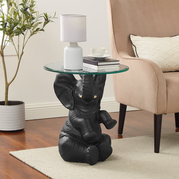 Contemporary Home Living Hand Painted Sitting Elephant Side Table with Glass Top - 22" - Brown