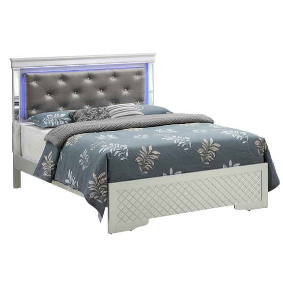 Contemporary Home Living Jewel Tufted Upholstered Panel King Bed with LED Light - 85" - Silver