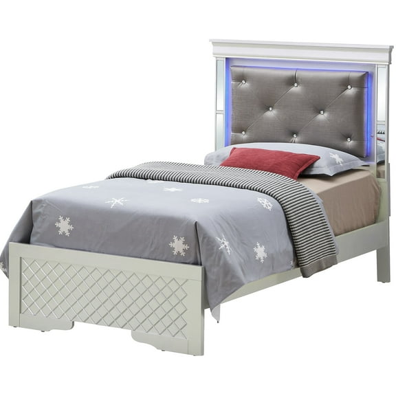 Contemporary Home Living Jewel Tufted Upholstered Panel Twin Bed with LED Light - 80" - Silver