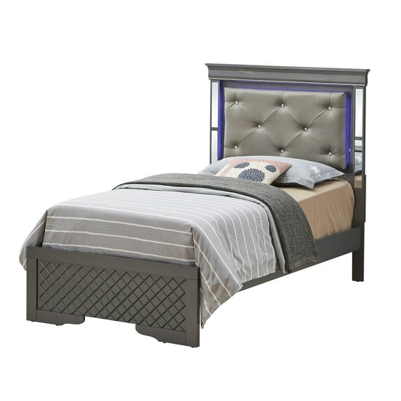 Contemporary Home Living Jewel Tufted Upholstered Twin Panel Bed with LED Lights - 80" - Gray