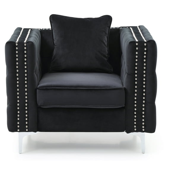 Contemporary Home Living Jeweled Button Tufted Accent Chair with Pillow - 40" - Black and Silver