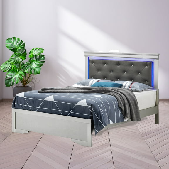 Contemporary Home Living LED Lighted Jewel Tufted Panel Queen Bed - 85" - Silver Champagne