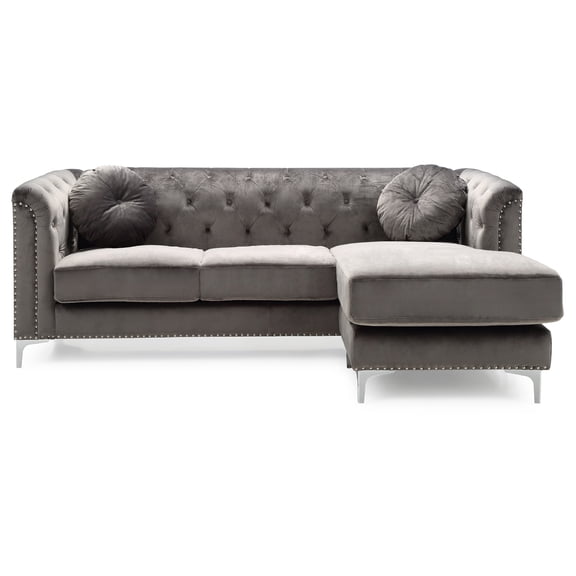 Contemporary Home Living Nailhead Trim Tufted Velvet Sectional Sofa with Throw Pillows - 83" - Dark