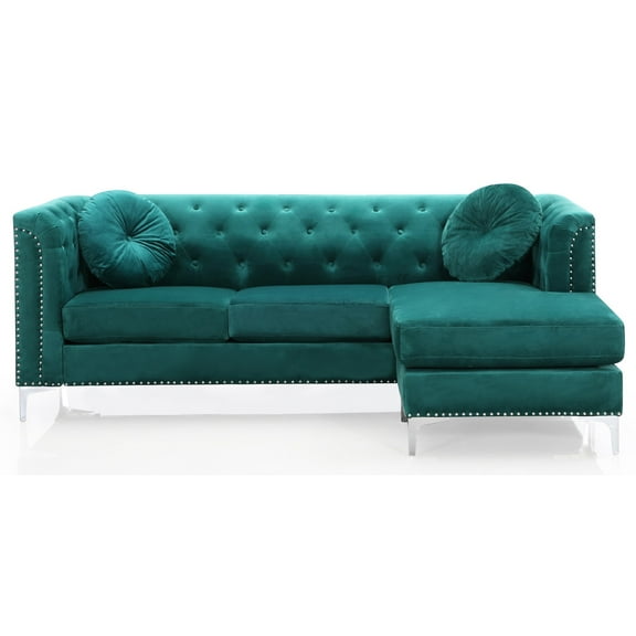 Contemporary Home Living Nailhead Trim Tufted Velvet Sectional Sofa with Throw Pillows - 83" - Green