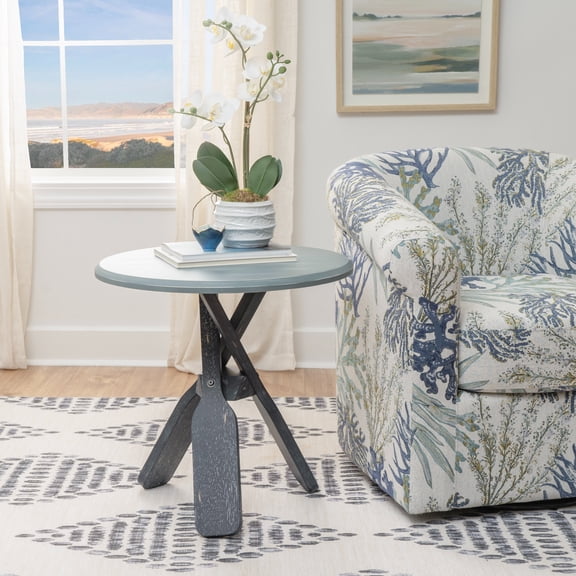 Contemporary Home Living Nautical Mango Wood Side Table with Canoe Oar Tripod Base - 22" - Gray and