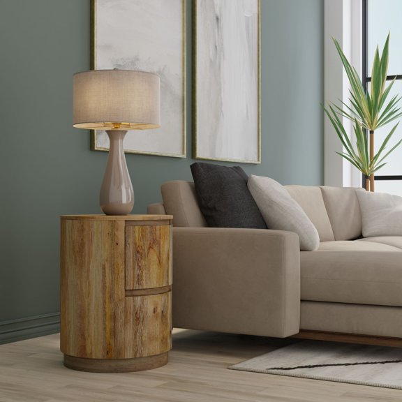 Contemporary Home Living Rustic Style 2-Drawer Round Mango Wood Nightstand - 24"