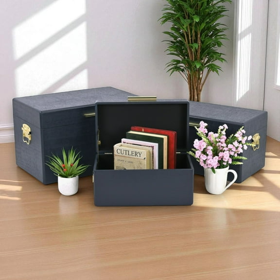 Contemporary Home Living Rustic Wooden Rectangular Trunk Boxes - 19" - Navy Blue - Set of 3