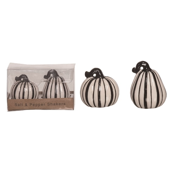 Contemporary Home Living Set of 2 Black and White Stripe Pumpkin Halloween Salt and Pepper Shakers