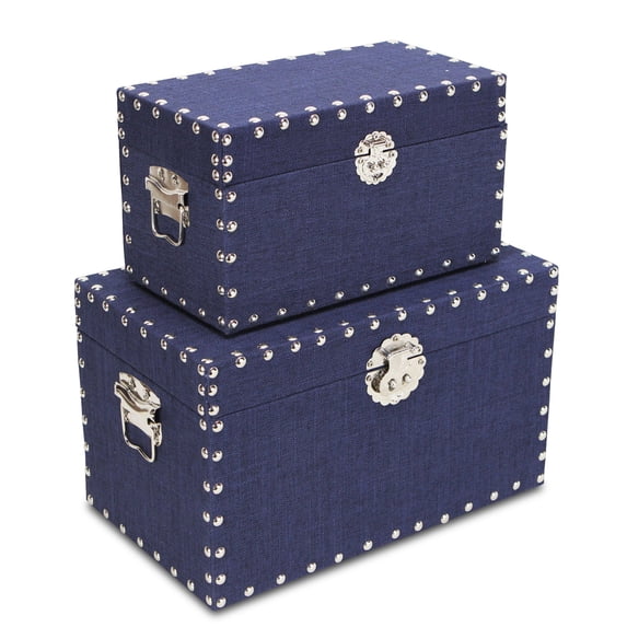 Contemporary Home Living Set of 2 Blue and Silver Rectangular Studded Boxes 13.5"