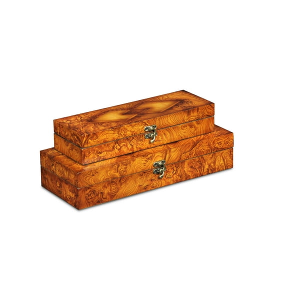 Contemporary Home Living Set of 2 Brown Rectangular Burl Wood Veneer Storage Boxes 13.5"