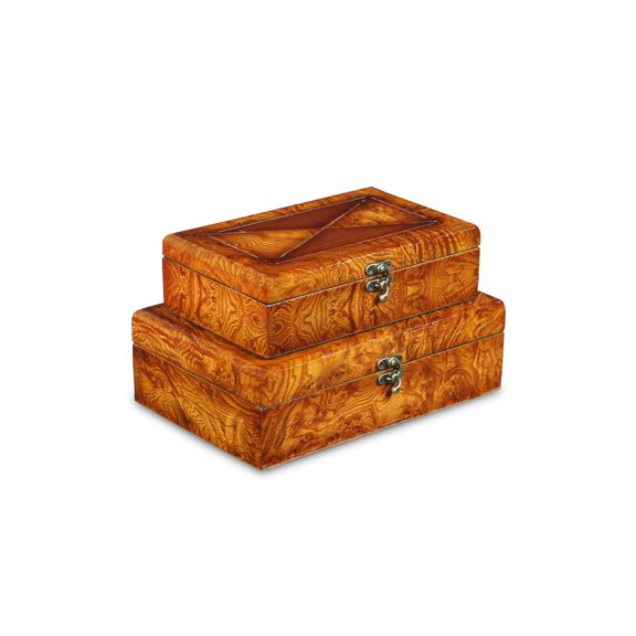 Contemporary Home Living Set of 2 Brown Rectangular Lined Burl Wood Veneer Storage Boxes 10.75"