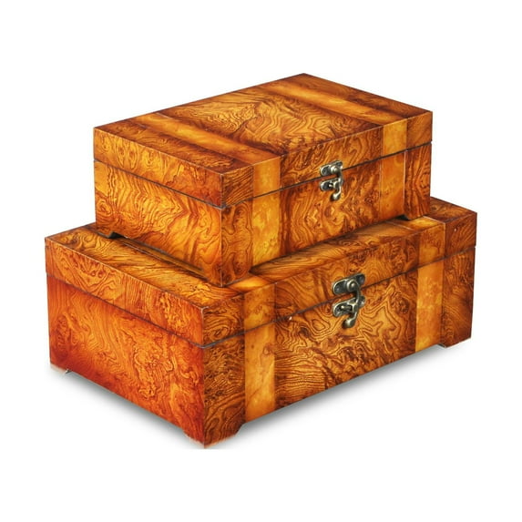 Contemporary Home Living Set of 2 Brown Striped Burl Wood Veneer Storage Boxes 13.25"