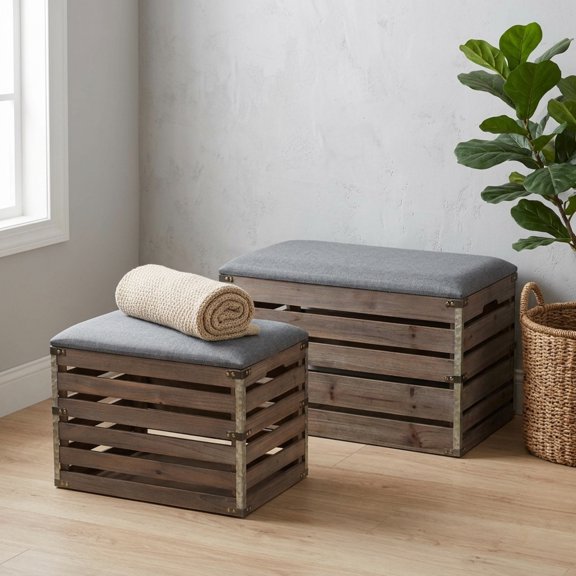Contemporary Home Living Set of 2 Brown and Gray Handmade Rectangular Storage Bench