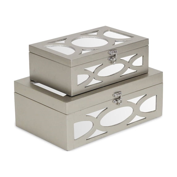 Contemporary Home Living Set of 2 Champagne Gray Rectangular Boxes with Mirror 11.75"